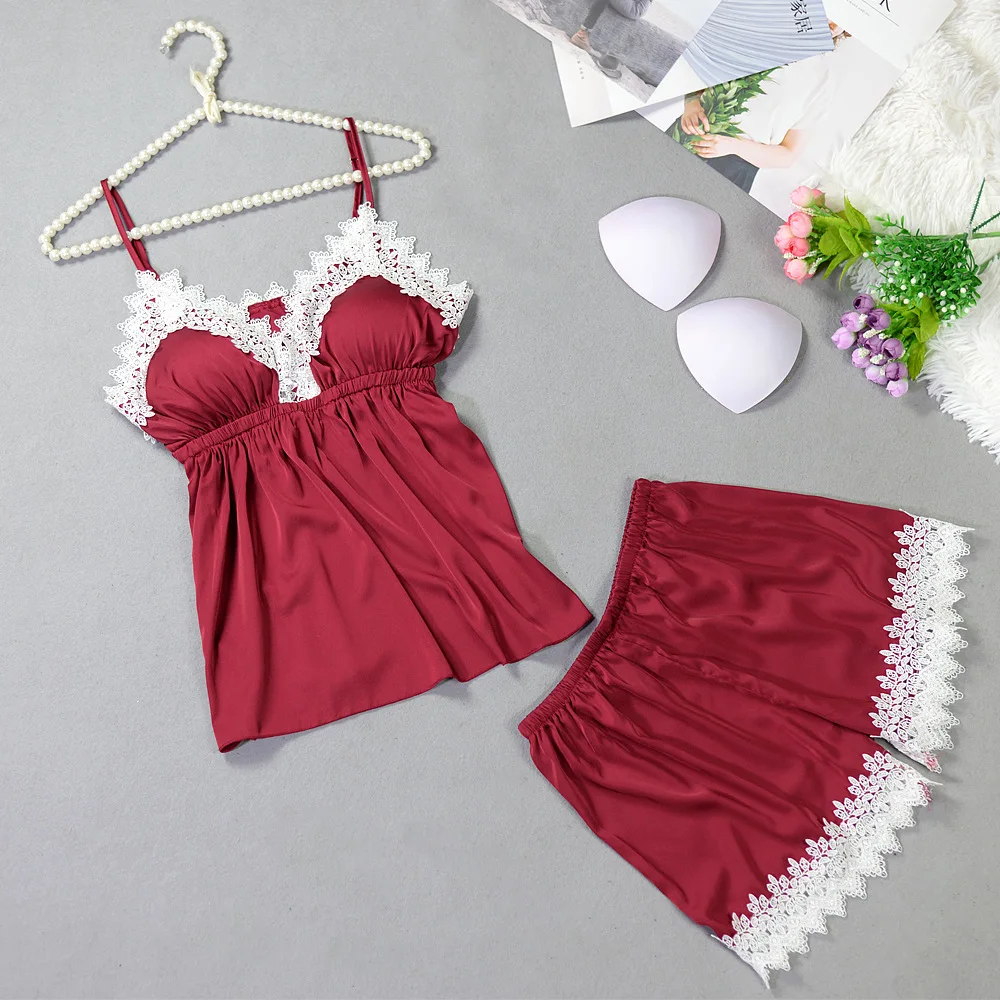

Ice Silk Lace Sexy Pajama Set With Pad Spaghetti Strap+Shorts Twinset Pyjama For Women