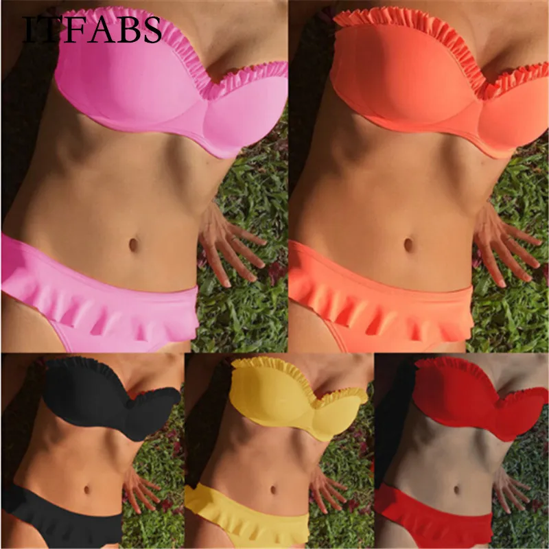 

ITFABS Flower Candy Color Bikini Set Women Swimwear Ruffles Swimsuit 2019 Padded Women Bathing Suit Summer Beachwear Biquini