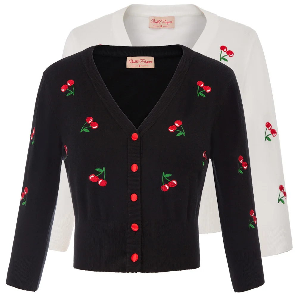 BP Women Cherries Embroidery V-Neck Dress Cropped Knitted Top Coat Knitwear 2019
