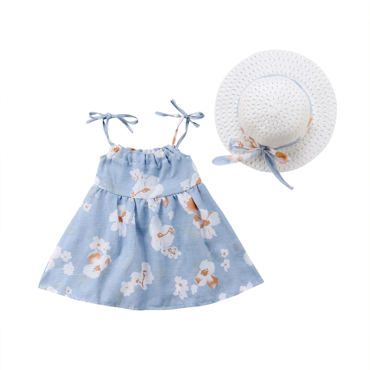 

Floral Baby Girls Dress + Sun Hat Summer Beach Sleeveless Flower Princess Party Pleated Dress Baby Clothing 0 1 2 Years