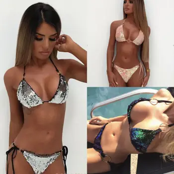 

UK STOCK Sexy Women 2pcs Paillette Bikini Set Swimsuit Push-up Bandage Swimwear