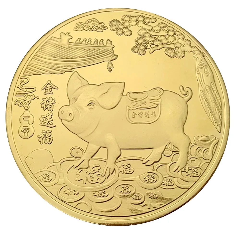 

2019 Fu Pig Commemorative Coin Year of Pig Delivers Money Coins Collection New Year Gift Gold Plated Good Fortune Home Car Decor