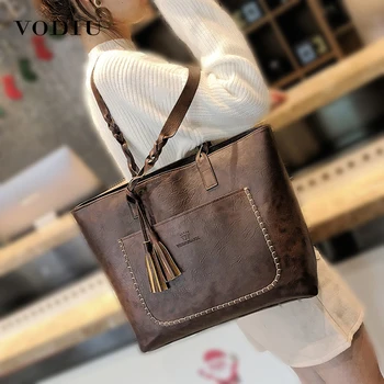 

Women Handbag PU Leather Shoulder Bags Female Casual Totes Fashion Designer Big Shopping Tassel Bag High Quality Vintage
