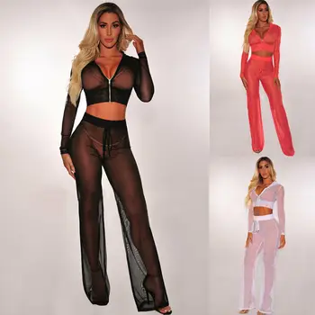 

Sexy Women Cover-Ups Sheer Mesh Bikini Crop long Sleeve Top+Pants Cover Up Long Sleeve See Throung Swimwear Beach Wear Hot