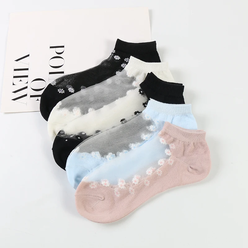 

DONG AI 5 pairs transparent casual fashion small flowers glass silk women's socks ankle breathable