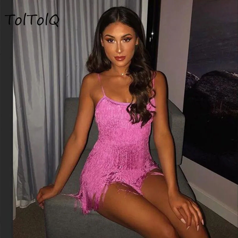 

2019 New Women Summer Tassel Dress Elegant Club Party Dress Sexy Spaghetti Strap Tassel Rose Black Mini Fringe Dress