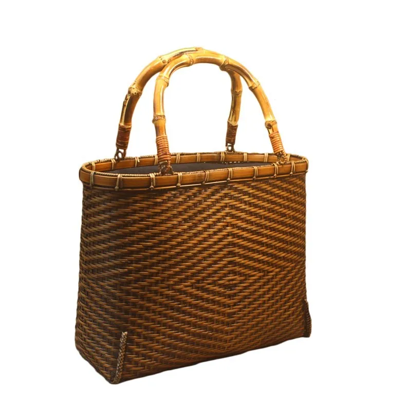 

Natural Straw Female Handbag Hard Bamboo Casual Totes Solid Vintage Sac A Main Femme Fashion Shopper Bag Versatile Organizer
