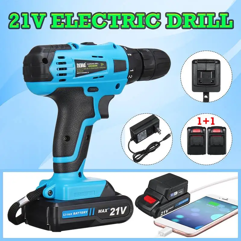 

21V Cordless Electric Drill Screwdriver Max 2 Speed Keyless Chuck 18+1 Clutch Positions with Rechargeable Lithium Lon Batteries