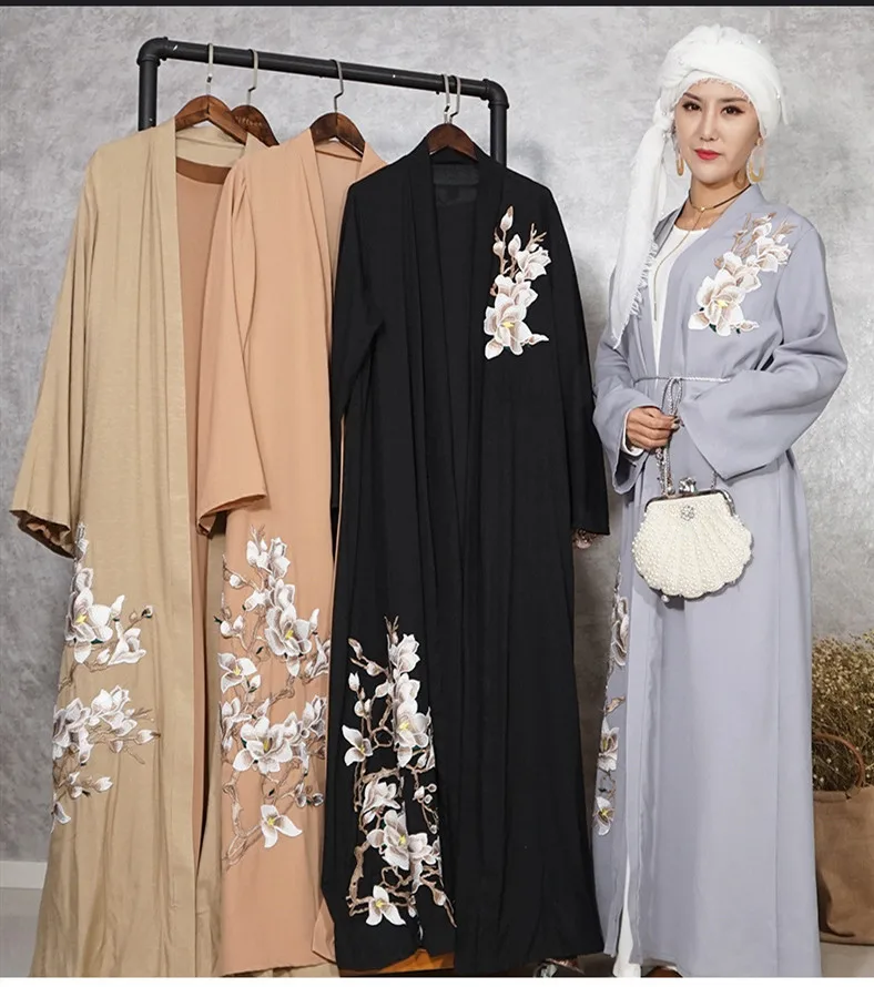 Luxury Embroidery Floral Abaya Muslim Maxi Dress Cardigan Long Robe
