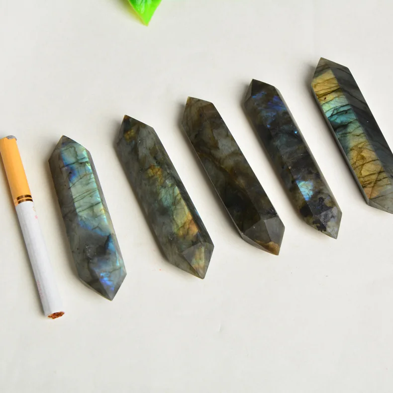 

Natural blue moonlight labradorite double-pointed crystal column ornaments Moonstone pillars six prismatic ornaments wholesale