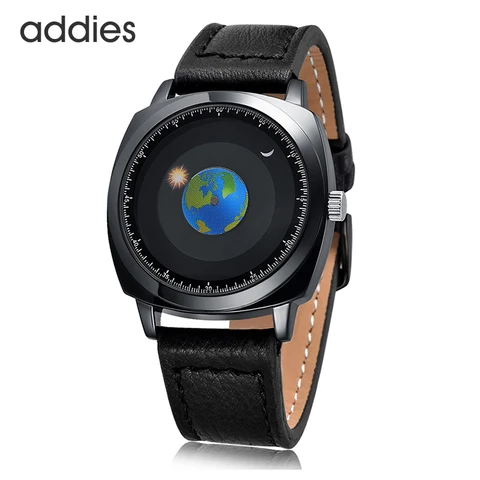 Estrelado à Prova Relógios de Pulso Addies Design Criativo Rotação Terra Relógio Céu D3água 3atm Couro Quartzo Moda Casal