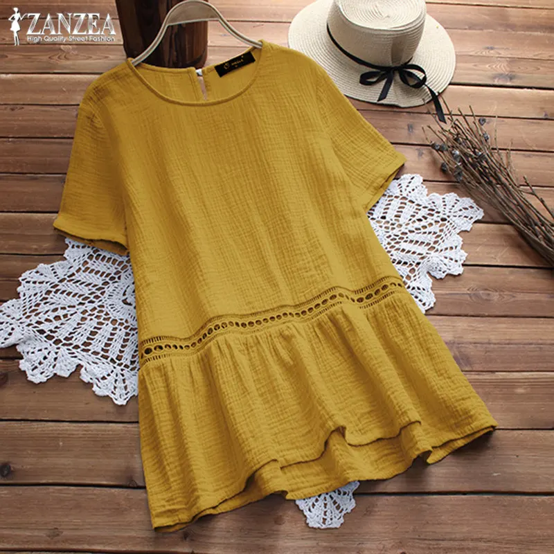 

Women's Linen Blouse 2019 ZANZEA Fashion Summer Tunic Top Hollow Short Sleeve Shirts Female Chemise Lace Crochet Blusa Oversized