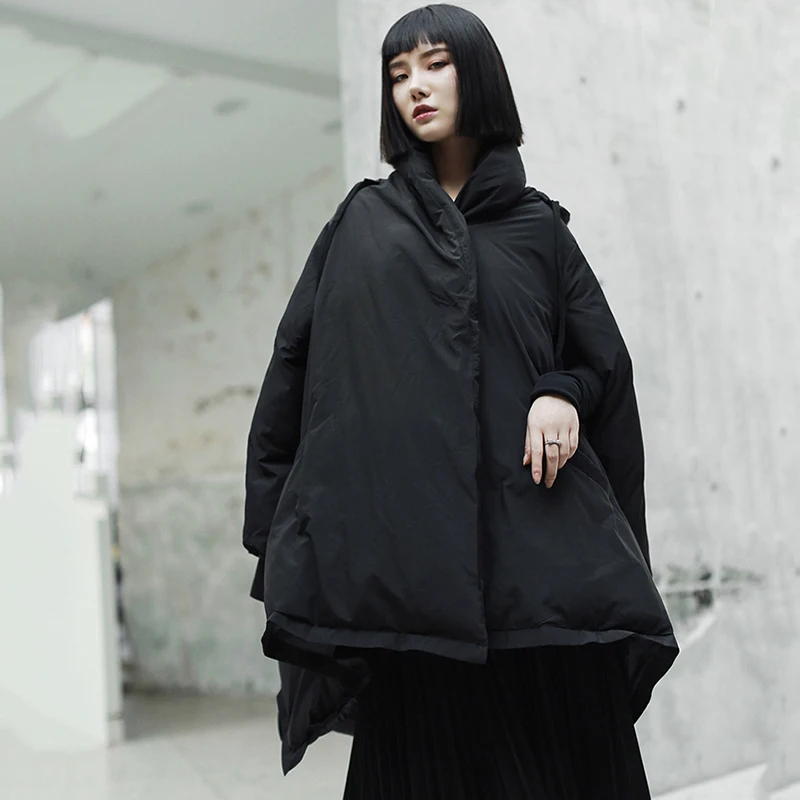 [EAM] 2019 New Spring Hooded Long Sleeve Black Loose Dovetail Large Size Cotton-padded Coat Women Parkas Fashion JK109