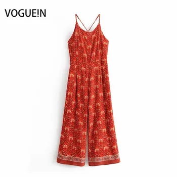 

VOGUEIN New Womens Summer Sexy Backless Floral Print Orange Jumpsuit Playsuits Wholesale