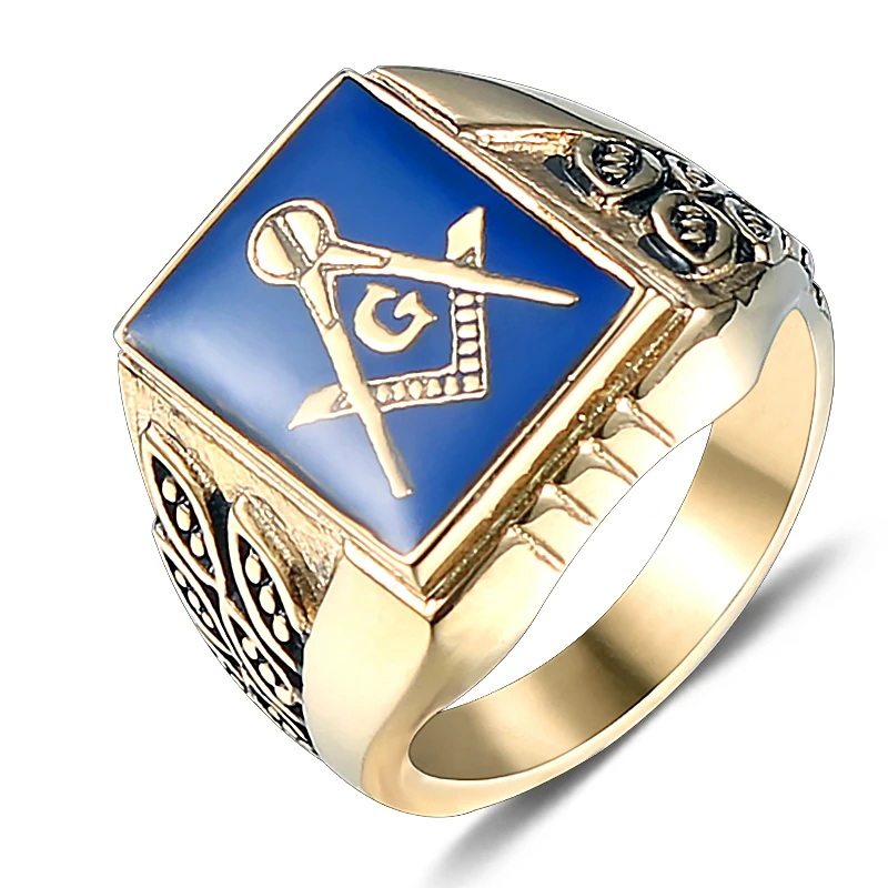 

jingyang 2019 Stainless Steel Gold Finger Leaf Ring Men Blue Glue Tungsten Masonic Simple High Quality Punk Jewelry Accessories