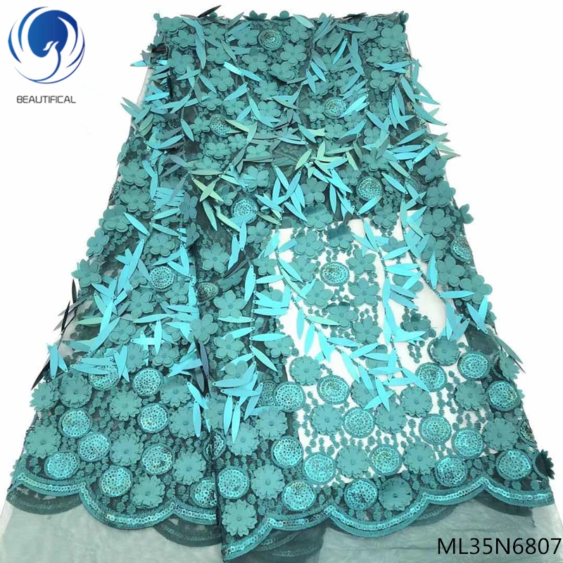 

Beautifical 3d flower lace fabric 2019 african tulle appliqued shiny lace fabric sequin laces dress for women 5yards/lot ML35N68