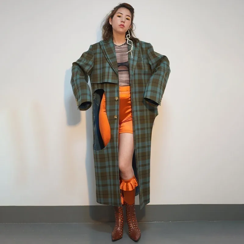 

SHENGPALAE 2019 New Winter Lapel Long Sleeve Green Plaid Printed Hollow Out Big Size Windbreaker Women Fashion JO178