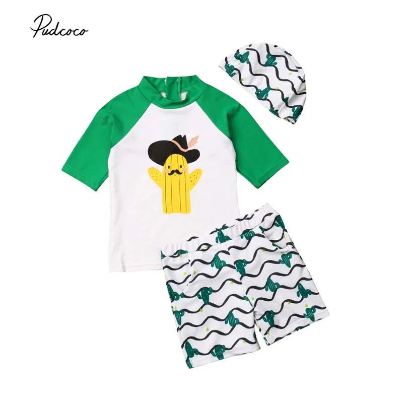 

2019 3Pcs Toddler Kids Baby Girl Boy Cartoon Cactus Top Pants Hat Outfit Swimwear Sunscreen Swimsuit Summer Beach Bathing Suit