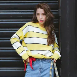 Пуловер Для женщин; коллекция 2017 г.; на осень-зиму корейский стиль Повседневное свободный рукав "летучая мышь" полосатый свитер трикотаж