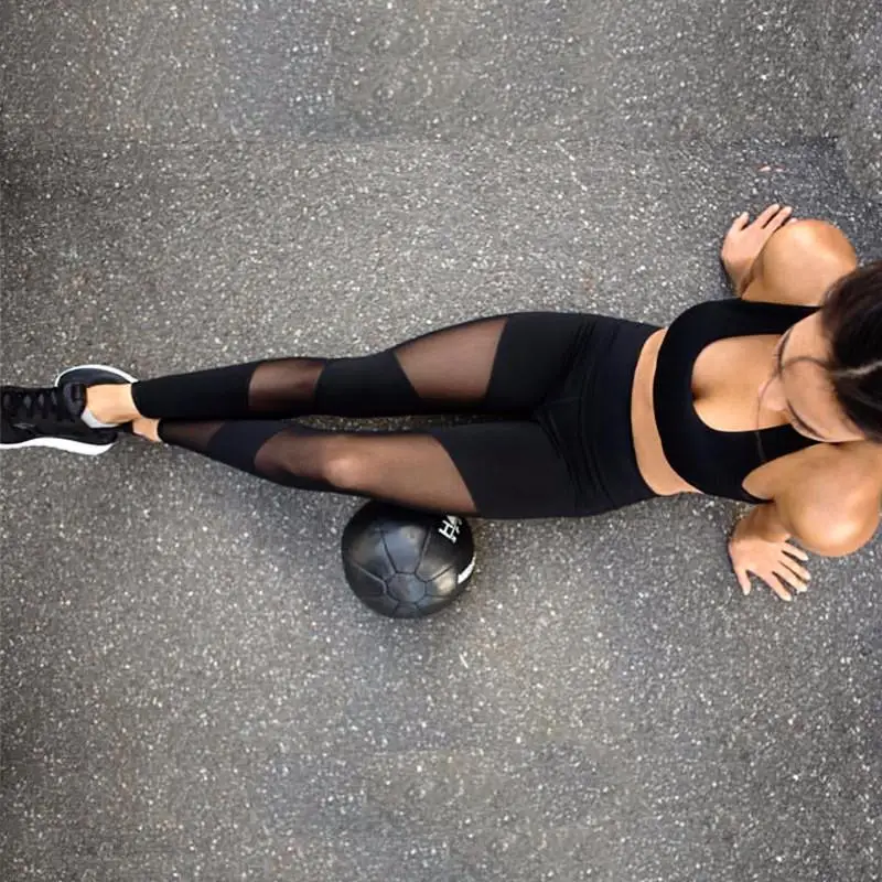 Облегающие черные Лоскутные сетчатые женские Леггинсы для йоги, фитнеса, спортзала, Стрейчевые штаны с высокой талией, эластичные спортивные штаны для тренировок, бега