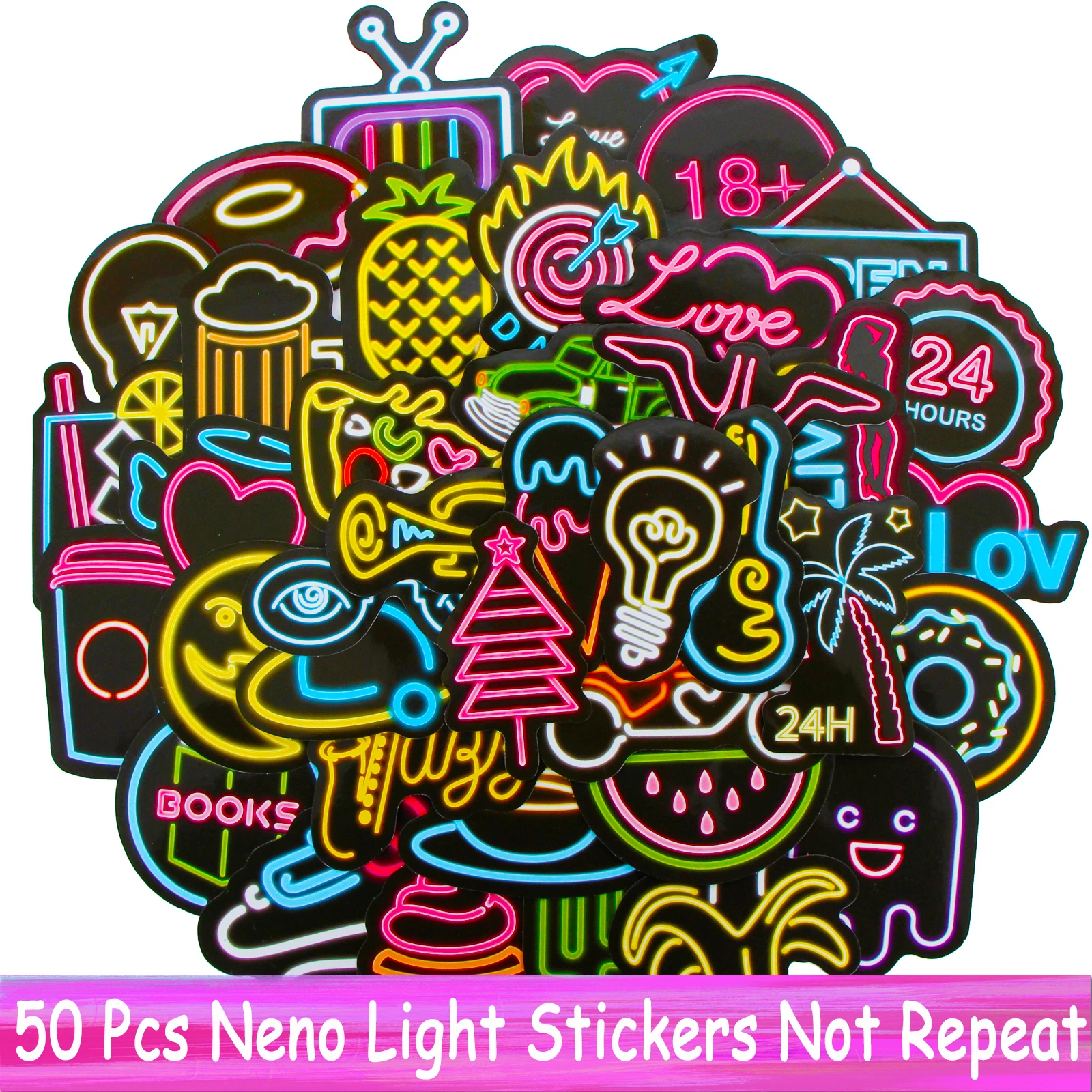 

50 Pcs JDM Neon Light Stickers Cute Cartoon Anime Sticker For Kids Skateboard Car Luggage Motorcycle Laptop Guitar Decor DIY Toy