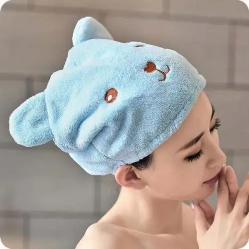 

Cute Cartoon Bear Women Hair Dry Cap Towels Quick-drying Shower Hat Velvet Soft Blue Pink