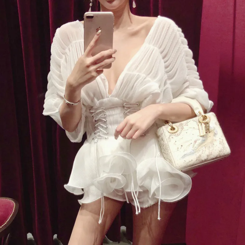 

Sweet Fluffy Lace Chiffon Blouses V-neck Pleated Bat Sleeved Mesh Perspective Shirts Princess Tops with Transparent Girdle