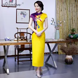 Длинные желтые Cheongsam для женщин Традиционный китайский свадебное платье современный Восточный вечернее китайский Ципао Азиатский стиль