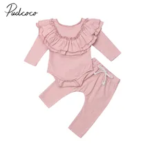 Г., новая брендовая Осенняя однотонная Одежда для новорожденных девочек комплекты из 2 предметов розовый комбинезон с длинными рукавами и оборками+ штаны, комплект для детей от 0 до 18 месяцев