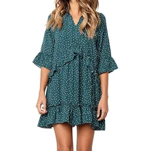 Dot Printed Dress Plus Size 2019 Women Floral Dress Spring Summer Mini Sundress V Neck Ruffle Hem Polka Femme Boho Dresses tiered ruffle hem dot jacquard dress
