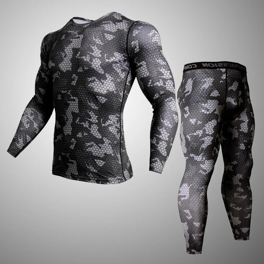 Men's Camouflage Riding Underwear Set Fitness Training Shirt + Leggings Quick-drying Tights Compression Clothing Rashgard Male