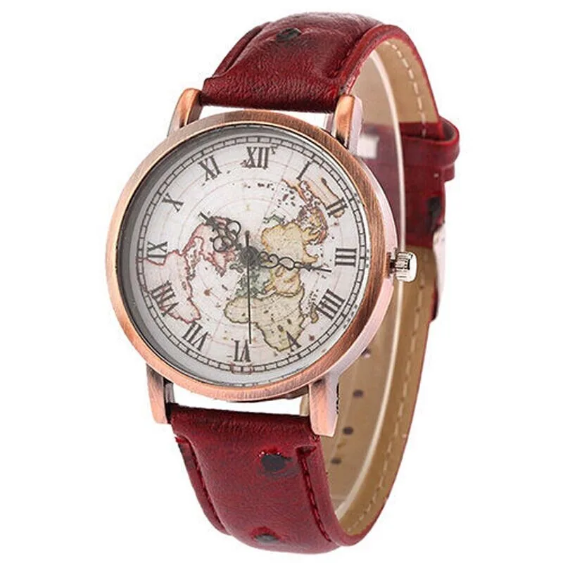 

Shellhard Vintage Women's Map Dial Leather Watch 3 Colors Earth Map Leather Band Roman Numbers Analog Quartz Wrist Watch