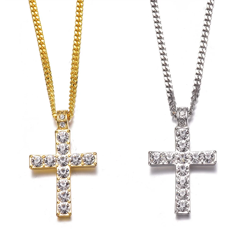 

1PC Women Charm Jewelry Hip Hop Alloy Golden Silver Cross Pendant Necklace Iced Out Rhinestone Tone Crucifix Drop Shipping