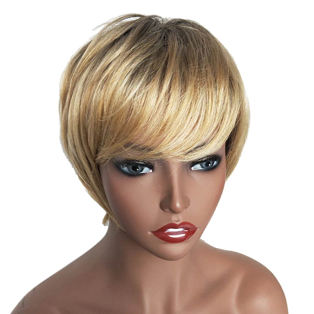 

Natural Short Bob Wigs Human Hair Pixie Cut Wig for Women w/ Bangs 8 inch Gold