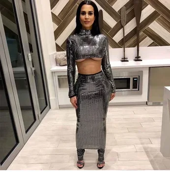 

Top Quality Grey Long Sleeve 2 Pieces Set Elegant Rayon Bandage Dress Cocktail Party Bodycon Dress