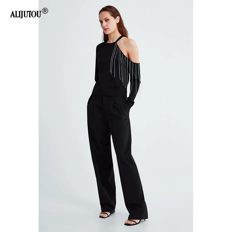2019 zaraing spring new Diamond Fringe Slit Sleeve T-Shirt Fashion Solid Asymmetric Cutout Neck Sexy women T-Shirt Elegant tops