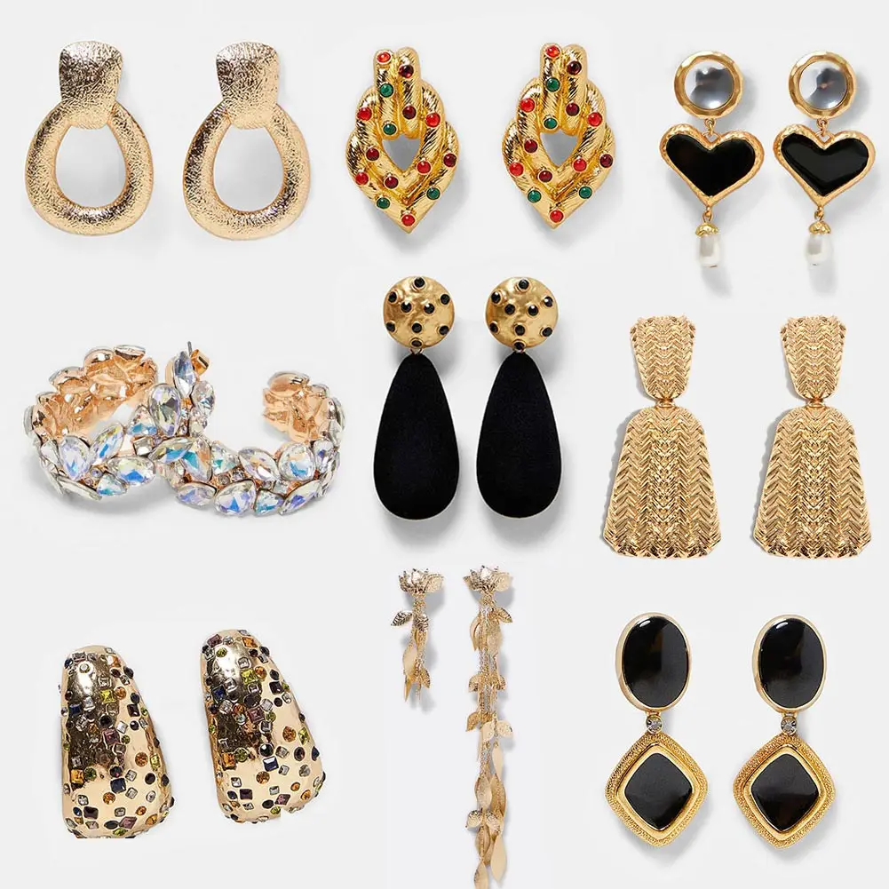 

Flatfoosie ZA Heart Crystal Drop Dangle Earrings For Women Boho Geometric Gold Color Punk Earrings Vintage Wedding Party Jewelry
