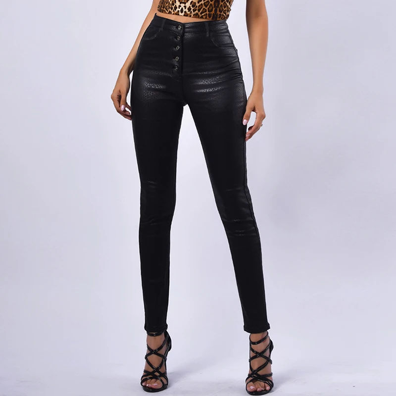 

Women High Waist Pu Leather Pencil Pants Snake Skin Single Breasted Button Velvet Faux Leather Trousers Stretch Winter Plus Size
