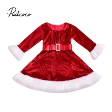 Pudcoco Рождество новорожденный Одежда для детей; малышей; девочек Вельветовое платье зимние теплые Блестки Пояс праздничное платье Вечерние платья костюм