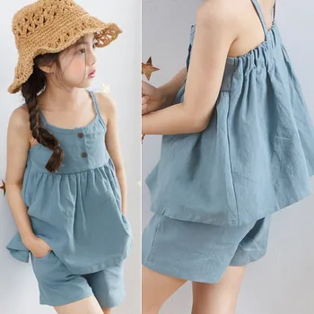 

Teenage Cotton Linen Kids Girls Clothing Sets Summer New 2019 Fashion Little Kids 2 Piece Set Girl Blue Clothes Suits