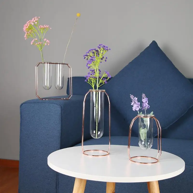 

Transparent Tube Glass Metal Flower Rack Art Vase Frame Set Plant Flowerpot