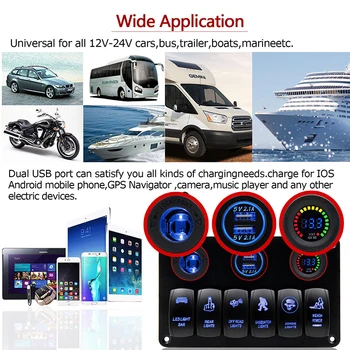 

6 Gang Waterproof Marine Boat Switch Panel 12v Led Rocker Switch Dual USB Cigarette Lighter Socket Voltmeter Phone Car Charger