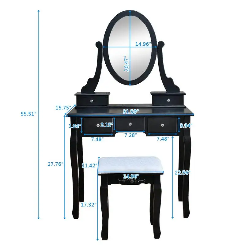 1set Wooden Dressing Table Makeup Desk With Stool Tri Fold Mirror
