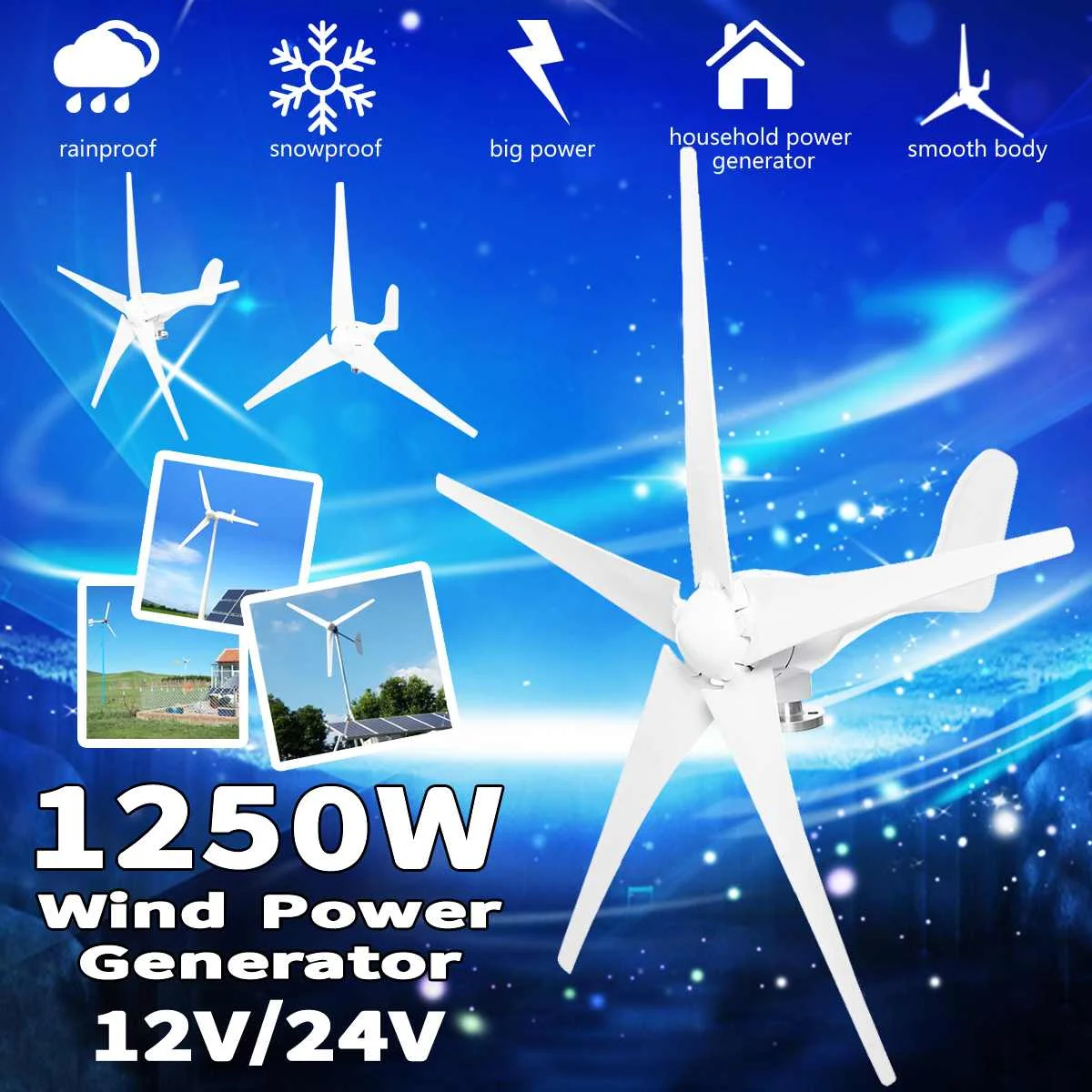 

1250W 12V 24V Wind Power Turbines Generator 3/5 Wind Blades Option With Waterproof Charge Controller Fit for Home Or Camping