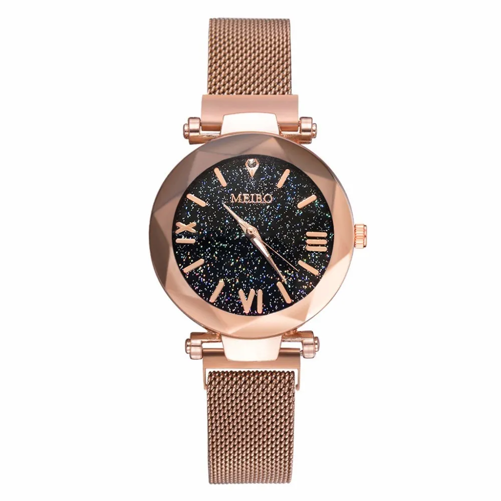 

Women Mesh Magnet Buckle Starry Sky Watch Casual Luxury Ladies Geometric Surface Roman Numeral Quartz Watches Relogio Feminino