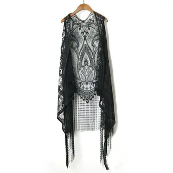 

Lace Long Vest Women Summer Top Beach Boho Tassel White Waistcoat Gothic Hollow See Through Sexy Tops Black Sleeveless Outerwear