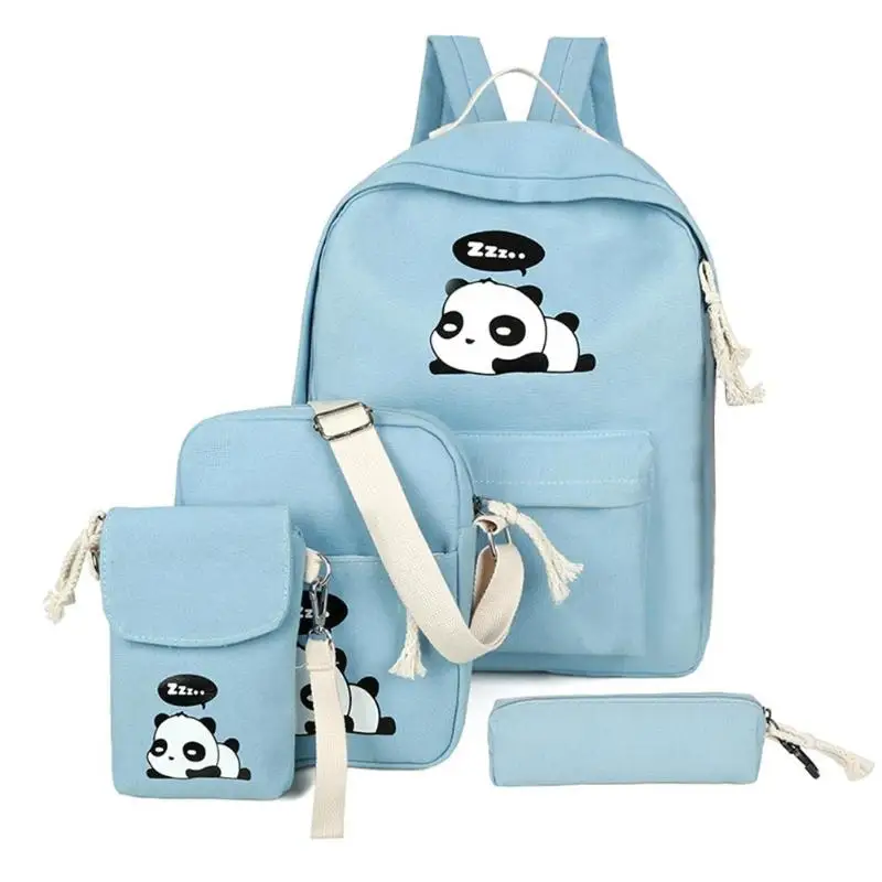 

4pcs/Set Women Backpack Girls Cute Panda Print Student Schoolbags Backpack Canvas Shoulder Teenagers Bagpack Mochila Feminina
