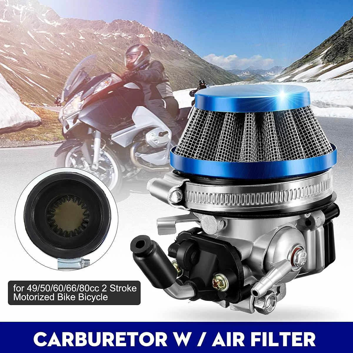 

1set Carburetor + Blue 44mm Air Filter + Alloy Stack Kit For 2 Stroke 49cc 50cc 60 66 80cc Engine Parts Goped EVO Gas Scooter