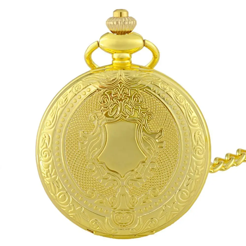 

Gold Theme Full Hunter Quartz Engraved Fob Retro Pendant Pocket Watch Chain Gift