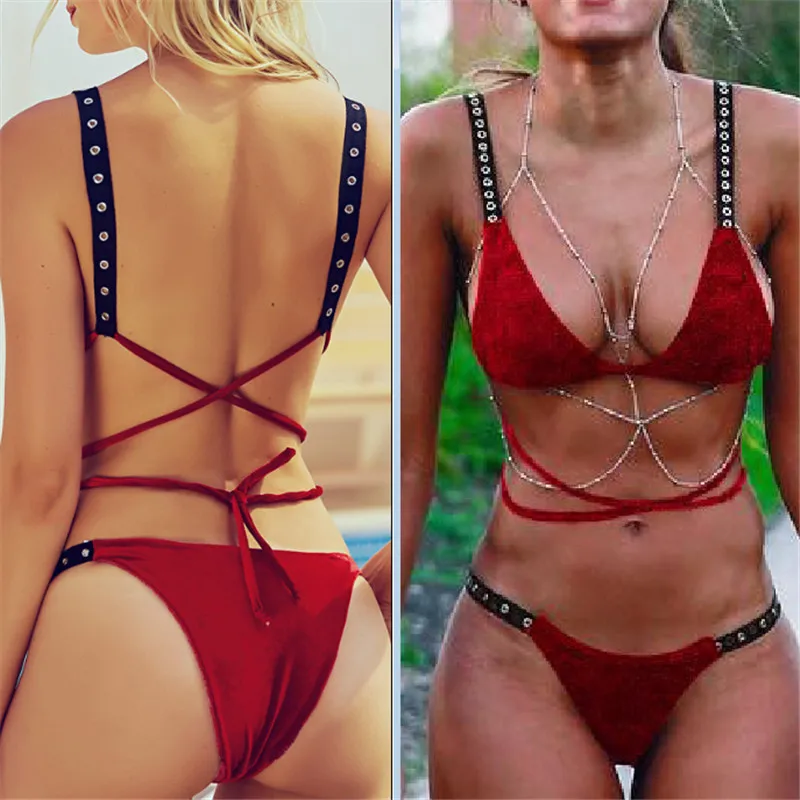 

Sexy Bikini 2019 Women Chest Pad Swimsuit Bikini Push Up Padded Swimwear Solid Green Red Blue Bathing Suits Beachwear Bikini Set